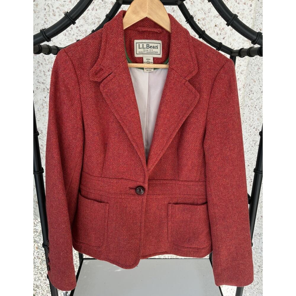 Vintage LL BEAN 100% SHETLAND Herringbone Wool Tweed Blazer Jacket Misses 12